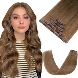 TESS Human Hair Extensions Clip in Real Hair Brown Remy 5 Pieces Straight Natural Hairpieces for Women/Girls (#06 Light Brown, 18 Inch 70g)