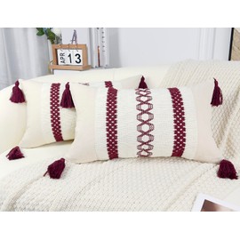 DRNOU Boho Lumbar Pillow Covers 12x20,Cute Pillow Cover with Tassels,Neutral Cushion Cover Striped Accent Decorative Pillow Case for Couch Bed Sofa Farmhouse,Cotton & Burlap,Set of 2 Burgundy Red