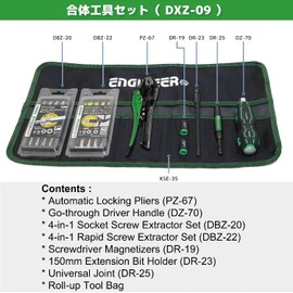Engineer DXZ-09 Combination Tool Set of 8, Compatible with Broken Head Phillips and Hex Socket Bolts with Countersunk Screws