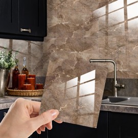WALPLUS Marble Tile Stickers Glossy Waterproof Oil Proof Removeable Stick on Wall Backsplash DIY PVC for Bathroom Kitchen Home Decor Copper Brown 24 pcs 15cm(6")