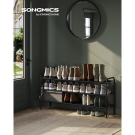 SONGMICS Shoe Rack, 3-Tier Shoe Organizer, Metal Shoe Shelf Storage with 4 Side Hooks, Holds 18 Pairs of Shoes, Height-Adjustable Shoe Rack for Entryway, Hallway, Closet, Easy Assembly, Ink Black