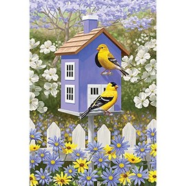 Goldfinch Bird House Floral Lavender and Marigold 13 x 18 Small Garden Flag