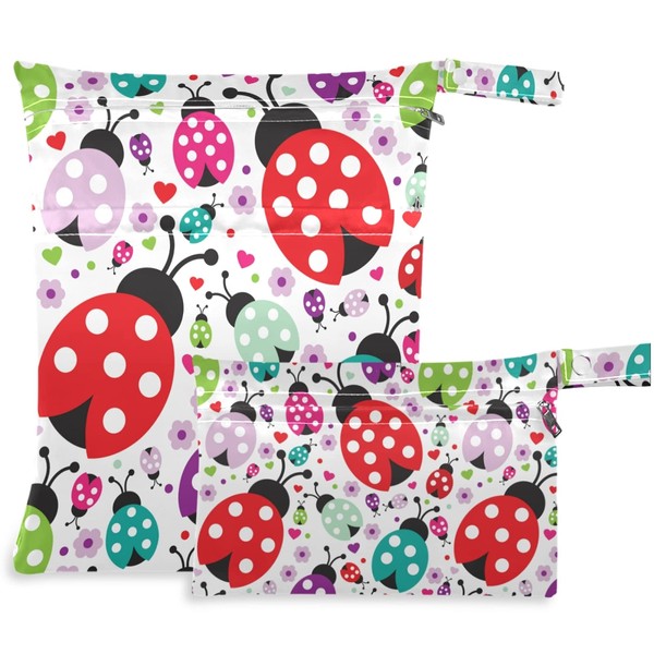 visesunny Cute Ladybug Polka Dot 2Pcs Wet Bag with Zippered