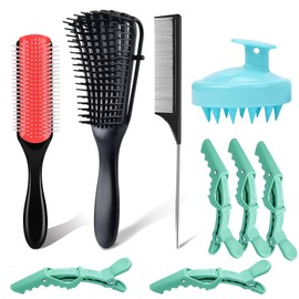 Detangling Brush Set for Curly Hair, Detangler Hair Brush with 9 Rows Cushion Nylon Bristle, Shampoo Brush, Scalp Massager, Styling Brush Set for Women Children