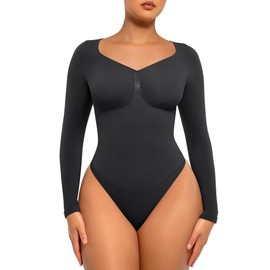 FeelinGirl Shaping Bodysuit for Women Long Sleeve Seamless Tops Plus Size Body Suits Thong Tummy Control Black XXL