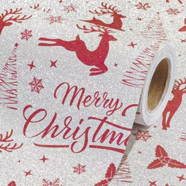 Garbendy Glitter Foil Christmas Wrapping Paper Mini Roll - Red Patterns Reindeer/Snowflake/Christmas Tree/Letters Design in Silver Wrapping Paper Perfect For Christmas Day - 17in x 32.8ft