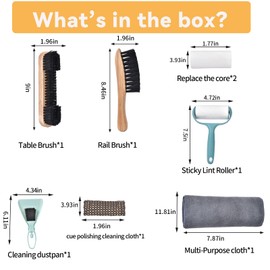 Pool Table & Rail Brush, Billiard Pool Table Felt Cleaner Accessories with Wooden Pool Table Brushes, Cue Cleaning Cloth, Sticky Lint Roller, Clean Dustpan for Pool Table Cleaning