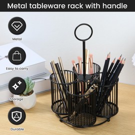 360°Rotating Cutlery Holder,Metal Kitchen Utensil Holder,4-Compartment Metal Utensil Caddy, Multipurpose Countertop Silverware Organizer for Kitchen Picnic Camping Outdoor (Black With Handle)