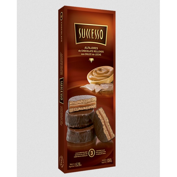 Successo Alfajores de Chocolate Milk Chocolate Alfajores Filled with Dulce de Leche - Trans Fat Free, 150 g / 5.28 oz (box of 3 alfajores)