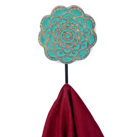 ETROVES Decorative Wooden Hooks - Flower Wall Hooks, Set of 2 Wood Hooks | Hang Coat Hat Purse Towel Bag Rope, 6 Inch, Turquoise