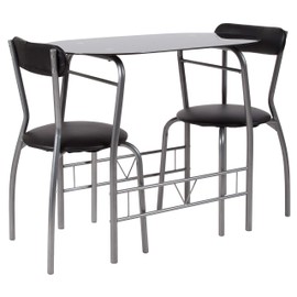 Flash Furniture Sutton 3 Piece Space-Saver Bistro Set with Black Glass Top Table and Black Vinyl Padded Chairs
