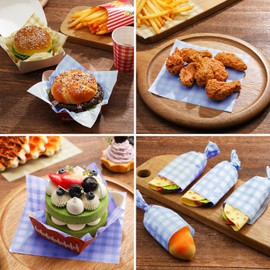 Honeydak 200 Pcs Checkered Wax Paper Sheets 7 x 7 Inch Checkered Deli Paper Sheets Food Basket Liners for Sandwich Burger Greaseproof Food Wrapping, Outdoor Picnic Disposable Serving(Blue)