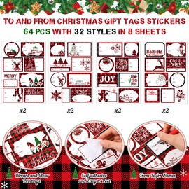 Gilprop Christmas Tags Gift with Ribbon Christmas Red Black Plaid Gift Tag Stickers Seals Mini Xmas Notecards Snowman Santa Snowflakes Holiday Present Labels Stickers Self Adhesive for Gift Wrap Tag