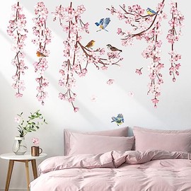 decalmile Cherry Blossom Flower Vine Wall Decals Hanging Floral Tree Branch Birds Wall Stickers Living Room Bedroom Office Wall Decor