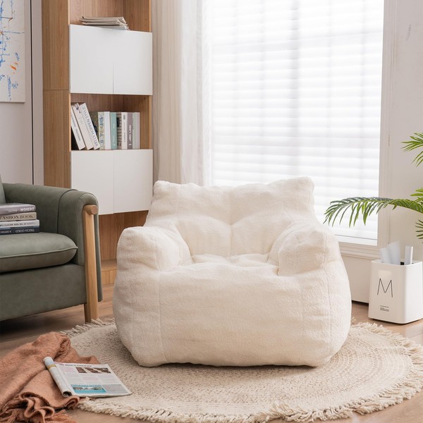 Recaceik Bean Bag Chairs, Tufted Soft Stuffed with Filler, Fluffy and Lazy Sofa, Imperial Lounger Giant Chair for Bedroom, Living Room, White
