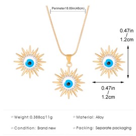 vdwv Sun Evil Eye Necklace Earring Set Boho Rhinestone Jewelry Set 3PCS Devil’s Eye Necklace Blue Eyes Earrings Ear Stud Evil’s Eye Pendant Jewelry for Women (Gold)
