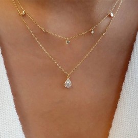 TseenYi Boho Layered Crystal Teardrop Necklace Gold Rhinestone Tassel Dangle Necklace Layered Cz Pear Pendant Necklace Shine Crystal Necklace Chain Jewelry for Women and Girls Gifts