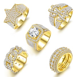 Sanfenly Iced Out Rings for Men Bling Fake Diamond Costume Pinky Rings Chunky Gold 80s 90s Hip Hop Rings Star Cuban Chain Square US Dollar Sign Cool Rapper Ring Fashion Cosplay Man Jewelry Ring Set
