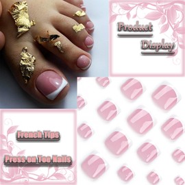 24Pcs White French Tips Press on Toe Nails Glossy Nude Acrylic False Toes Nails Simple Short Square Fake Toenails Cute Full Cover Artificial Toenail Manicure Art for Coquette Women Girls