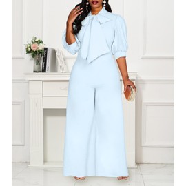 VERWIN Plus Size Jumpsuit for Women Bowknot Full Length Plain Dressy Short Sleeve Romper Wide Leg Overall 4XL Baby Blue