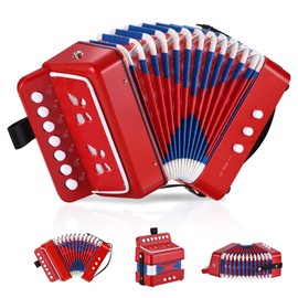 RIVVTA Accordion, 10 Keys Button Accordion 7 Key 3 Bass Mini Musical Instrument, Red