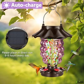 LUJOIN Solar Hummingbird Feeder for Outdoors Hanging, Hand Blown Glass with 35 fl.oz, RGB Lights with 9 Optional Mode, Never Leak, Illuminated Lantern for Garden Decor, Pineapple Shaped, Purple