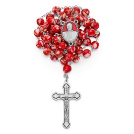 Mondo Cattolico Rosary Beads catholic for Women and Men from Vatican, real shell beads, red enameled centerpiece with Pope Francis and Jesus of Divine Mercy - Perfect Catholic gifts
