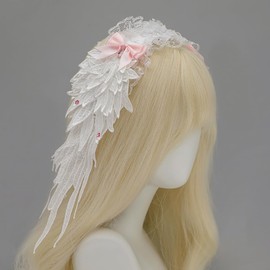 GUFER Lolita Headdress, Lace Hair Ornament, Angel Wings, Embroidery, Bowknot, Headband, Lace Headband Gothic, Lolita Maid Hair Accessory, Halloween Cosplay Headdress (A Angel Wings - White)