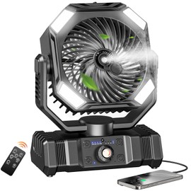 SWEETFULL Portable Misting Fan Rechargeable, 20000mAh Battery Powered Camping Fan with 300ml Water Tank & LED Lanter, Remote Auto Oscillating Table Fan with Hook for Travel Outdoor Tent Beach (Black)