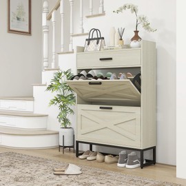 HOMCOM Narrow Shoe Storage Cabinet, 12 Pairs Farmhouse Shoe Organizer with 2 Flip Drawers, Adjustable Shelves, and Top Drawer for Entryway, Hallway, Distressed White