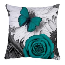 QUALKNOY Set of 4 Cushion Covers 18"x18" Teal Green Flower Linen Modern Art Decorative Throw Pillow cases 45 x 45cm for Living Room Sofa Outdoor Pillowcases