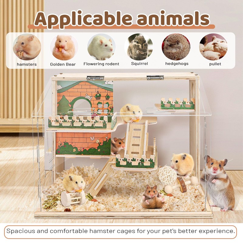 Large Acrylic Hamster Cage, Wooden Dwarf Hamster Habitat, Spacious Dwarf