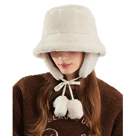 JFAN Women's Winter Plush Bucket Hat Fluffy Soft Warmer Bucket Hat for Girls, beige