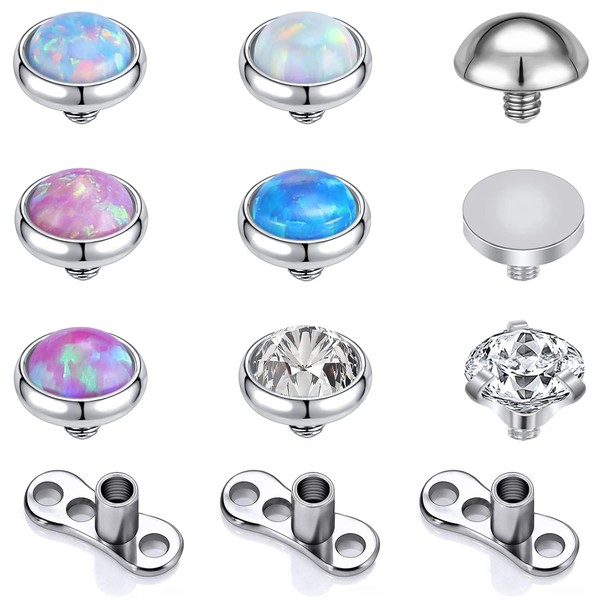 ZS 9PCS Opal 16G Dermal Anchor Tops 3mm 4mm, 14G