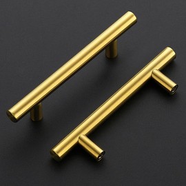 Ravinte Pack of 10 Gold Furniture Handles, T Bar Handles for Kitchen Cabinets, 96 mm Hole Centre, Cabinet Handles, Rustproof Stainless Steel Furniture Door Handles