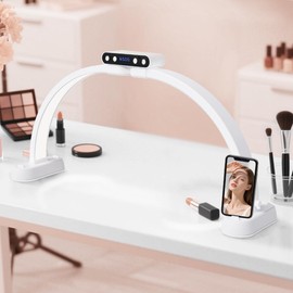 KRYPHIXON Half Moon Light for Nail Desk, 29" Adjustable Dimmable Nail Desk Lamp with Phone Holder, 3 Color & 10 Brightness Foldable Portable Manicure Lamp for Aesthetic Salon, 01White