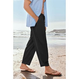 Gafeng Mens Linen Yoga Pants Elastic Waist Drawstring Summer Beach Loose Fit Casual Tapered Trousers Black