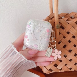 MINSCOSE Compatible with AirPods 1&2 Clear Case,Cute Flower Pattern Design with Floral Keychain, Soft TPU Protective Shockproof Cover for AirPods 1&2 for Girls Women-Pink