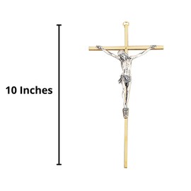 Hanging Brass Cross Crucifix with Pewter Corpus, Religious Wall Decorations for Living Room, 10 Inch
