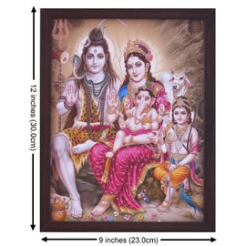 SANVIKA Lord Shiva Wall Poster, Indian God Wall Decor, Shiv Parvati Photo Framed For Home Office, Hindu God Photos With Frames, (Shiva, Ganesha, Parvati, & Kartikeden in Himalayas, 12" x 9")