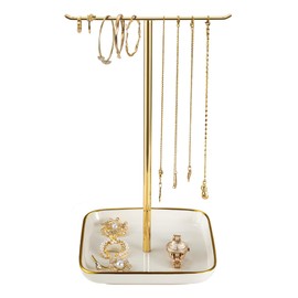 Jewelry Holder Stand with Ceramic Base: 12" Tall Necklace Organizer Rack, Tree Design Display Storage for Necklaces, Bracelets, Rings, Earrings, Aesthetic Room Décor for Girls and Women, Gold