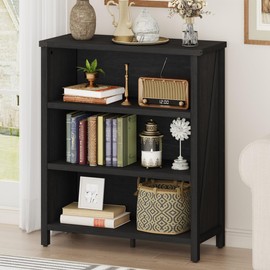BON AUGURE Small Bookcase, 3 Tier Black Book Shelf, Farmhouse Wooden Bookshelf, Short Storage Book Cases for Small Space, Bedroom, Office, Living Room (Black Oak)