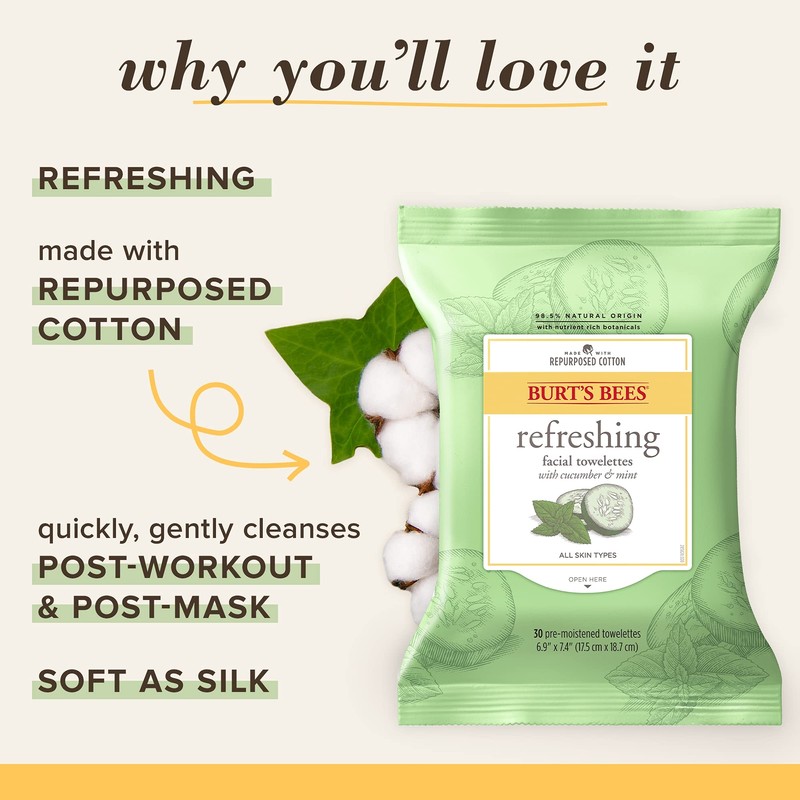 Burt's Bees Refreshing Facial Cleanser Towelettes and Makeup Remover Wipes