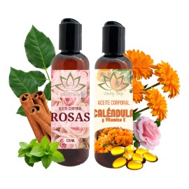 Aceite corporal orgánico con vitamina E pack 2 | masaje aroma rosa y caléndula