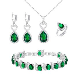 EVER FAITH Created Green Emerald Jewelry Set for Women, May Birthstone Teardrop CZ Heart Necklace Earrings Bracelet Ring Silver Jewellry Christmas Birthday Gift for Mom Friend Lover Wife