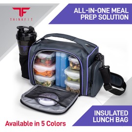 ThinkFit Insulated Meal Prep Lunch Box with 6 Food Portion Control Containers - BPA-Free, Reusable, Microwavable, Freezer Safe - With Shaker Cup, Pill Organizer, Shoulder Strap & Side Pocket (Purple)