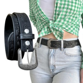 DANIEL'S ARTPLANET Women’s Western Leather Belt Cowgirl Belt For Jeans Pants Dresses Engraved Tooled Ladies Western Belt, Black, 26" (fits 23"-24" waist)