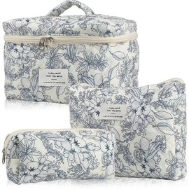 3Pcs Cotton Quited Makeup Bag Set, Quilted Makeup Bag, Large Floral Cosmetic Bag for Women, Cute Cotton Makeup Bags, Flower Travel Toiletry Organizer Bag makeupbag set - Color: 004