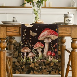 Artoid Mode Mushroom Moon and Moth Fall Table Runner, Seasonal Autumn Kitchen Dining Table Decoration for Home Party Decor 13x72 Inch