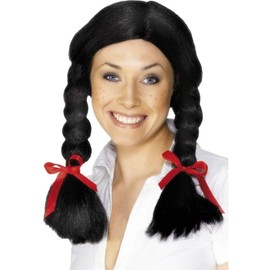 LADY DUTCH SCHOOLGIRL BLACK PLAITS FANCY DRESS COSTUME